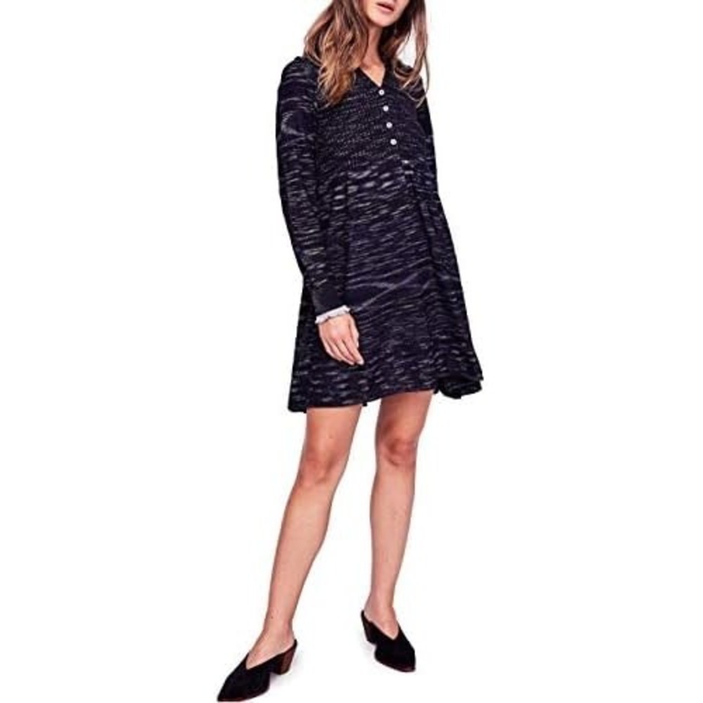 Free People Rain or Shine Sweater Dress Sz Large Space Dye Navy Knit Tunic Boho